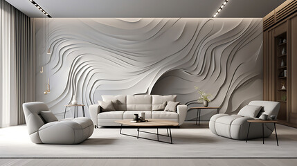 Grey sofa and beige armchairs in spacious luxury room with abstract curved wavy paneling walls and ceiling. Minimalist home interior design of modern living room
