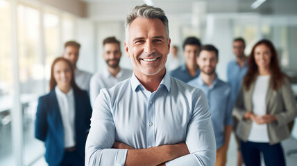 Portrait of a smiling businessman with his team in the background. Ai render.