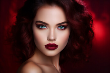 Fototapeta premium Generative AI portrait picture of beautiful glamorous luxury make up fashion model girl over red maroon background
