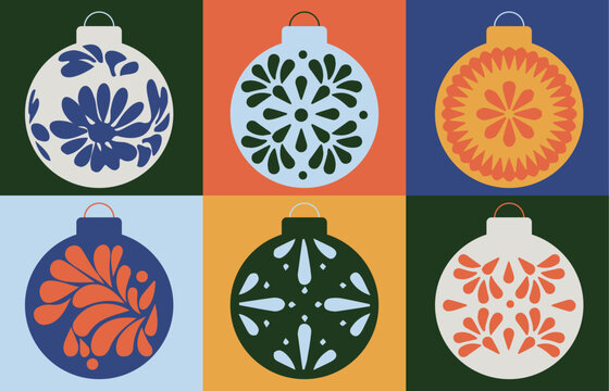 Set de iconos de esferas mexicanas Navidad mexicana, día de reyes, posadas navideñas y Año Nuevo. Ilustración vectorial para diseño gráfico y web, banner de redes sociales, material de marketing.