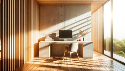 Wooden home office interior with furniture and daylight. Workplace and lifestyle concept. Generative AI