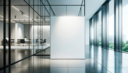 Modern office interior with blank poster on wall. Mock up. Generative AI - obrazy, fototapety, plakaty