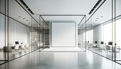 Interior of modern office with white walls, tiled floor and glass doors. Vertical mock up poster. Generative AI