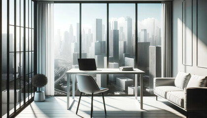 Fototapeta premium Modern office interior with panoramic window and city view. Workplace and lifestyle concept. Generative AI