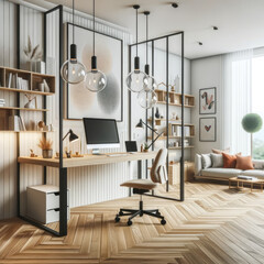 Corner of modern office with white walls, wooden floor, white computer desk and bookcase with...