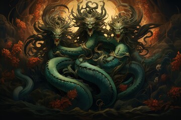 Ancient sea serpents, guardians of hidden treasures beneath the ocean depths - Generative AI