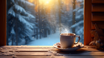 Coffee cup next to winter window with snowy landscape.