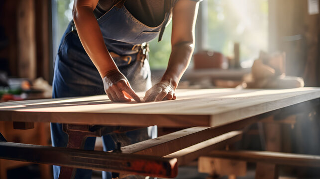 Hands of woman carpenter working wood on his bench. She is wearing a black T-shirt and apron. . - Powered by Adobe