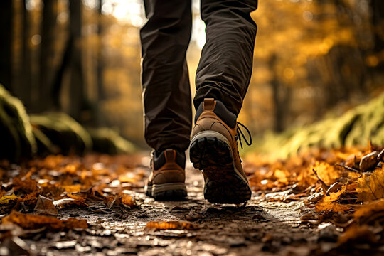 Primer plano trasero de pies y piernas de excursionista con botas de monta&ntilde;a, caminando por sendero de bosque n&oacute;rdico oto&ntilde;al lleno de hojas.
