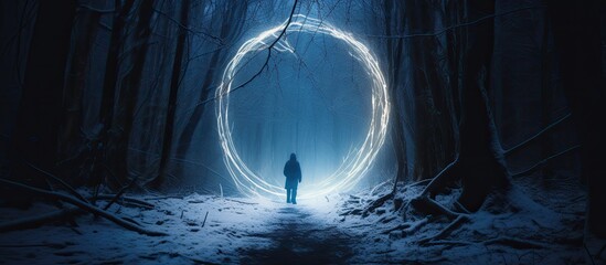 A spectral being passing into an enchanted portal within a wintry woodland With copyspace for text