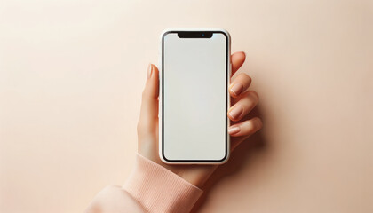 Hand Holding iPhone Mockup: Seamless Integration for Brand Display Against Soft Backdrop