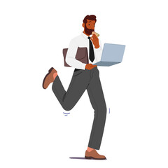 Multitasking Businessman Character with Laptop In Hand Dines On The Move, Cartoon People Vector Illustration