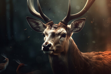 Close up portrait of a deer with antlers in the forest.