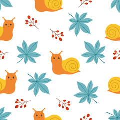 seamless pattern with cute snail, berries and leaves, print for fabric, textile, flat vector illustration