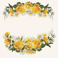 Yellow roses with daisy and white flowers seamless pattern