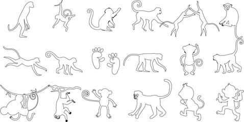  Monkey Line Art Vector Set, Perfect for Children’s Books, Coloring Pages, Educational Materials. Featuring Primate Poses and Actions, Ideal for Jungle, Rainforest, Wildlife Themes.