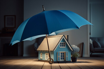 House under blue umbrella. Real estate concept. 3D Rendering - obrazy, fototapety, plakaty