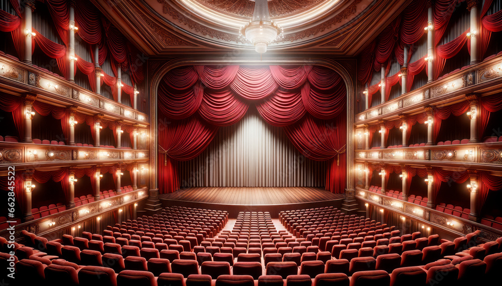 Poster theater stage with red curtains and spotlights. generative ai