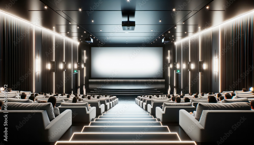 Poster modern empty cinema hall with white seats and a blank screen. generative ai