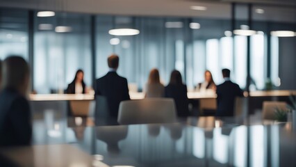 Soft of blurred people meeting at table. Abstract blurred office interior space background