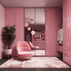 Interior of wardrobe in pink colors in modern house.