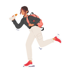 Busy Student Girl, Backpack Slung, Takes Quick Bites From A Snack While Rushing To Class. Multitasking On The Go