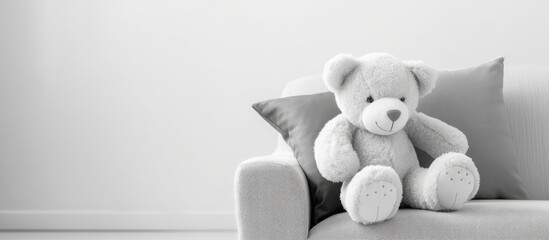 Black and white teddy bear reading an open children s book on the sofa With copyspace for text
