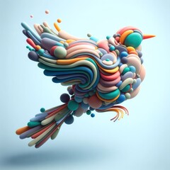 A bird, minimalistic colorful organic forms, energy, assembled, layered, depth, alive vibrant, 3D, abstract, on a light blue background