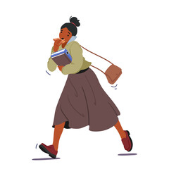 Woman Hurriedly Savors A Quick Meal While Multitasking On The Move. Busy Female Character Eating On The Go
