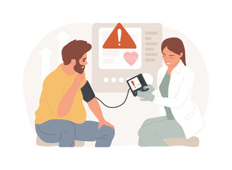 High blood pressure isolated concept vector illustration. Hypertension disease, blood pressure control, monitor, examination in hospital, tonometer, heart attack, arteria strain vector concept.