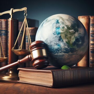 International and Environmental Law: Green World, gavel, scales of justice, and books symbolize global economic regulation aligned with sustainable environmental conservation.