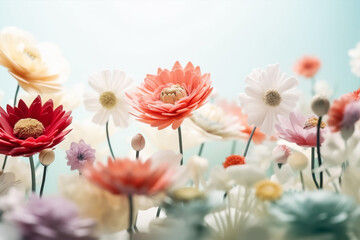 Obraz premium Colorful flowers on blue background. Top view. Flat lay.