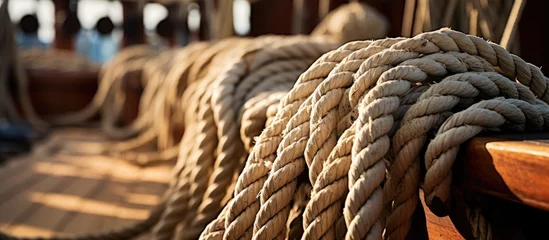 Fotobehang A group of ropes on a ship s deck needing skilled crew to set sail With copyspace for text © 2rogan