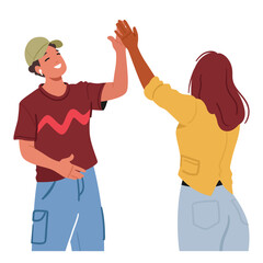 Man And A Woman Enthusiastically Connect Palm To Palm In A Celebratory High Five. Characters Radiating Joy