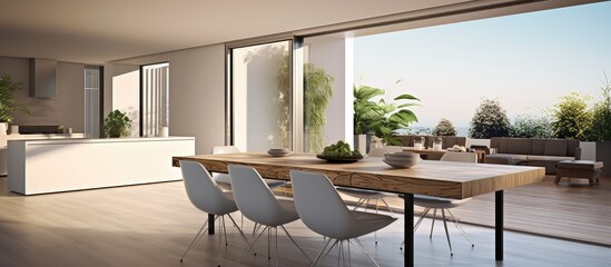 Contemporary house inside table with dining view With copyspace for text