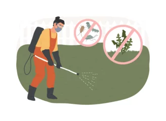 Fotobehang Weed control isolated concept vector illustration. Gardening maintenance, pest control, spray chemicals, weed killer, lawn care service, herbicide and pesticide vector concept. © Vector Juice