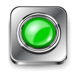 Realistic big green plastic button with shiny metallic border and square metal base with rounded corners. With shadow on white background