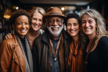 Fototapeta premium Portrait of diverse group of friends standing together in a pub. ia generated