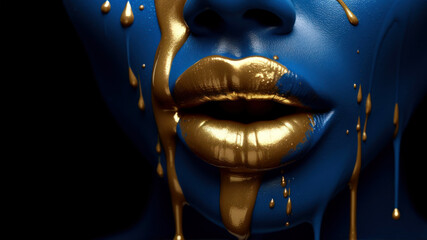 Lips painted with golden paint on a black background.