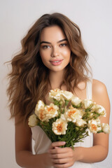 Young beautiful woman smiling, holding flower bouquet.