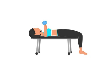 Dumbbell bench press exercise tutorial. Female workout on mat. Fitness woman exercising. Looped 2D animation with young girl character training. Sport and healthy lifestyle concept.