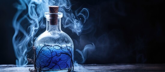 Mana replenishment in a blue smoke bottle with witches brew With copyspace for text - obrazy, fototapety, plakaty