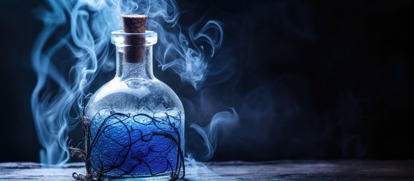 Mana replenishment in a blue smoke bottle with witches brew With copyspace for text