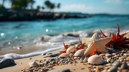 seashells and starfish on the sand beach background