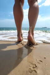 Fototapeta na wymiar realistic photo of being at the beach with feet in the sand