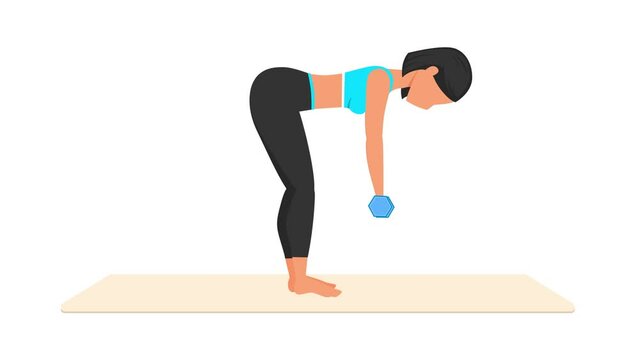 Dumbbell rear delt row exercise tutorial. Female workout on mat. Fitness woman exercising. Looped 2D animation with young girl character training. Sport and healthy lifestyle concept.