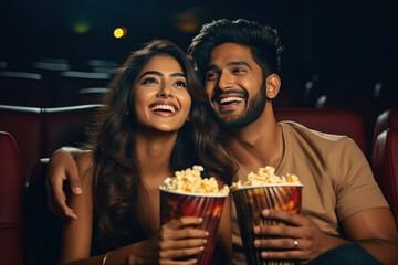 Couple enjoying movie in cinema hall - obrazy, fototapety, plakaty
