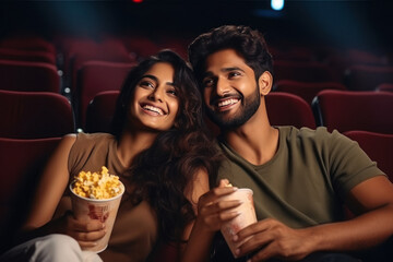 Couple enjoying movie in cinema hall - obrazy, fototapety, plakaty