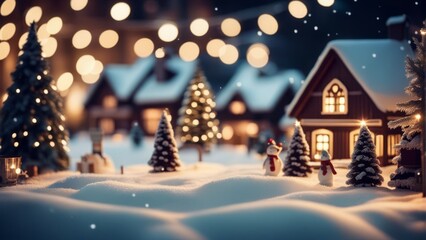 Winter scene with Christmas table in the background Christmas village on a snowy night