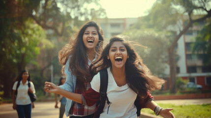 Two Indian college girls or sisters laughing and having fun - obrazy, fototapety, plakaty